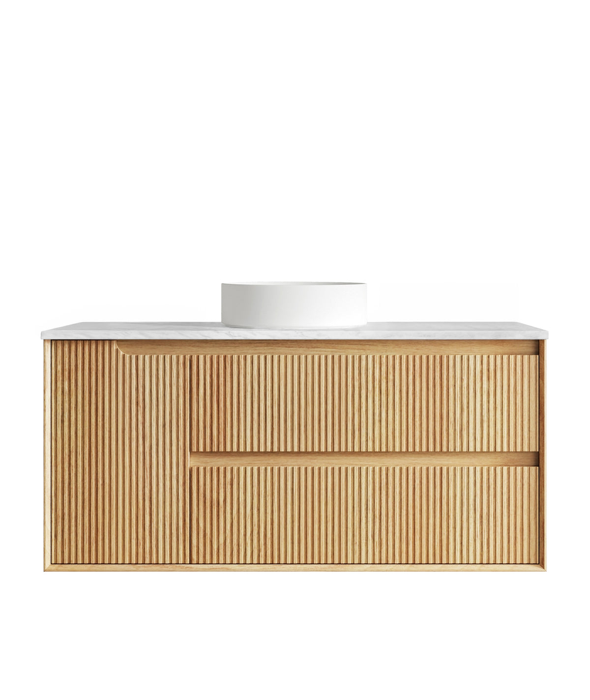 Byron Fluted 1200mm Woodland Oak Wall Hung Vanity - Ultra Delux Stone Top (Silica Free Cloudy Carrara)