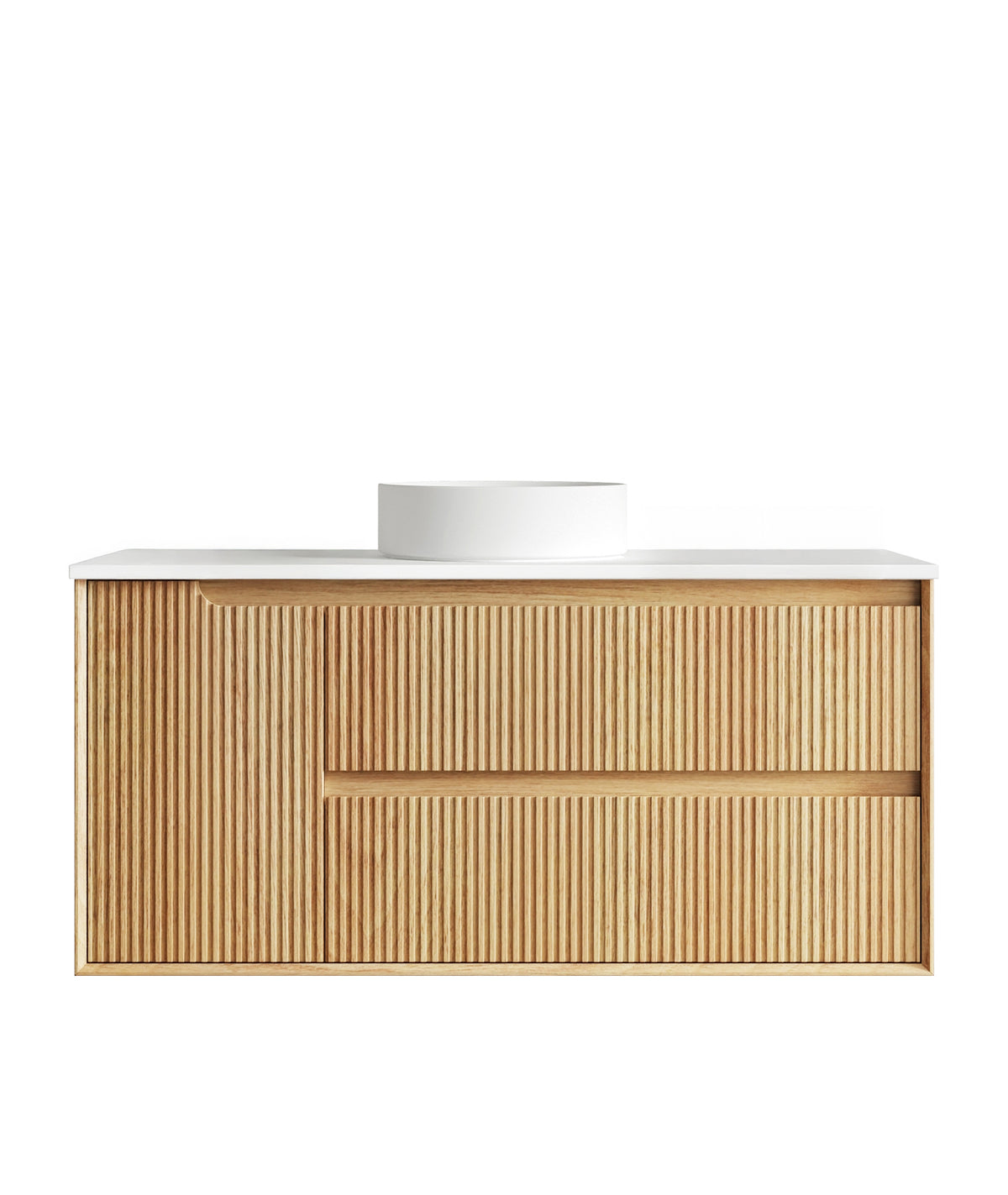 Byron Fluted 1200mm Woodland Oak Wall Hung Vanity - Ultra Delux Stone Top (Silica Free Matte White)