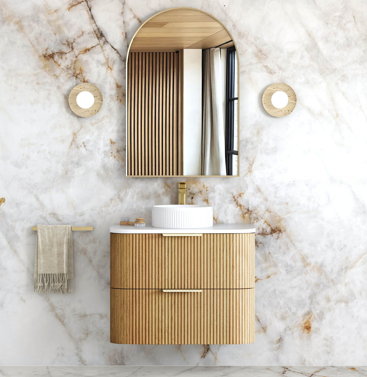 Havana Fluted 750mm Woodland Oak Wall Hung Curve Vanity - Cabinet Only