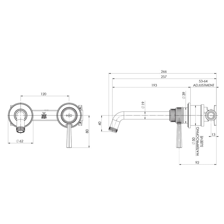 Specification diagram — Wiltern SwitchMix Wall Basin / Bath Mixer Set 190mm Brushed Gold (Fit-Off Kit Only)