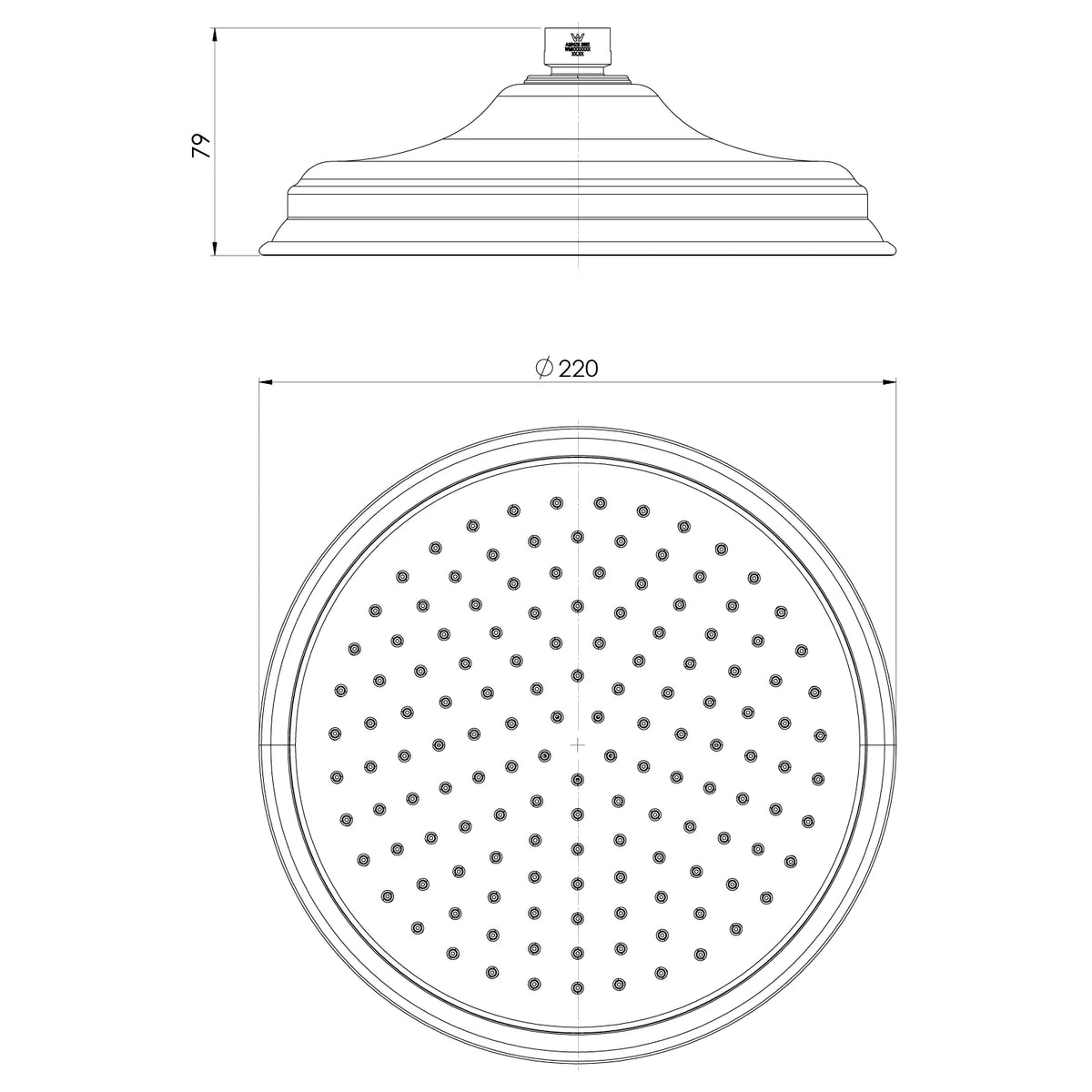 Specification diagram — Wiltern Shower Rose 220mm