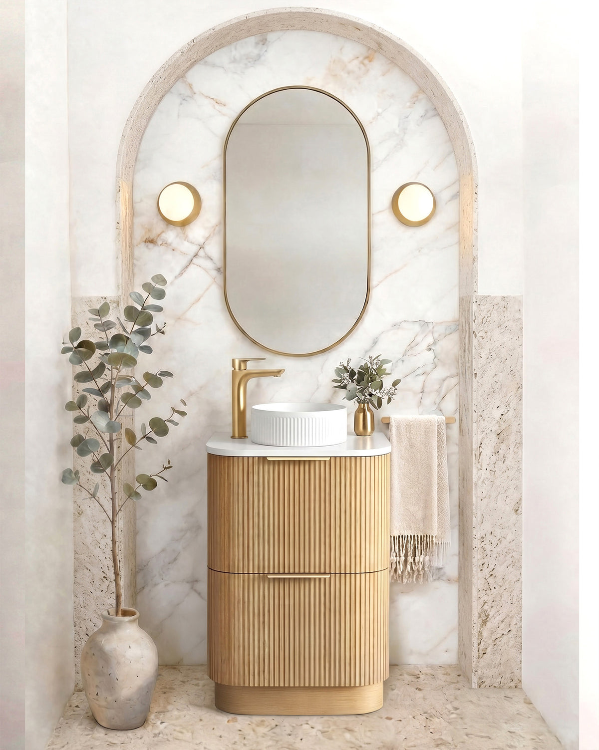 Havana Fluted 600mm Woodland Oak Floorstanding Curve Vanity - Cabinet Only
