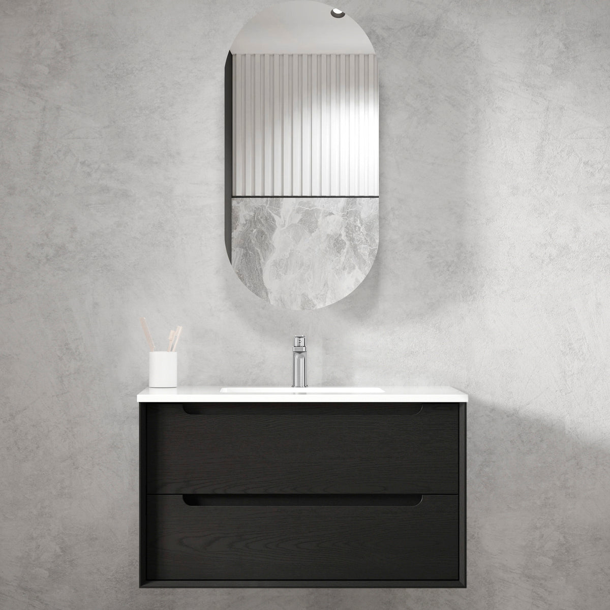 Byron 900mm Black Oak Wall Hung Vanity - Slimline Ceramic Top (Gloss white)