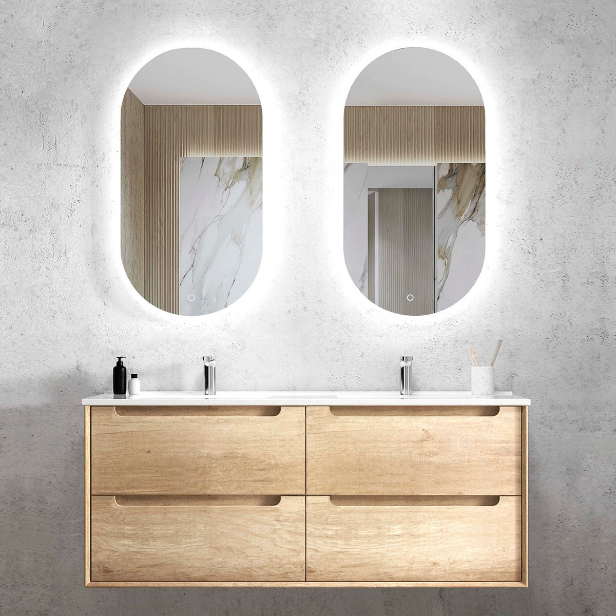 Byron 1200mm Natural Oak Wall Hung Vanity Double Bowl - Slimline Ceramic Top (Gloss white)
