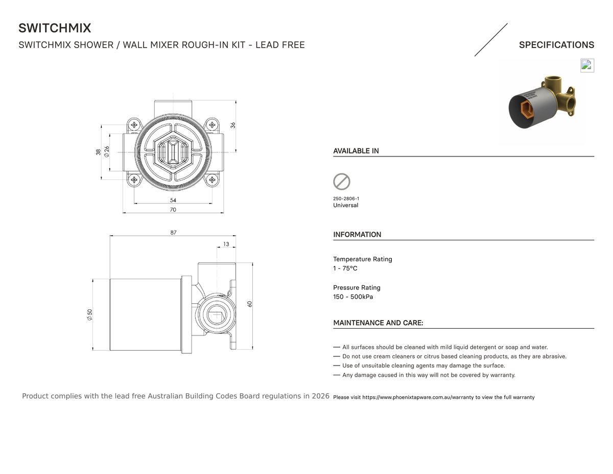 Specification diagram — SwitchMix Shower / Wall Mixer Rough-In Kit – Lead Free
